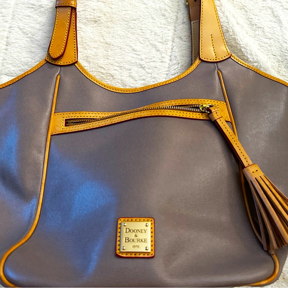 Dooney and Bourke Shoulder Bag / Purse - Gray with Tan Leather Accents